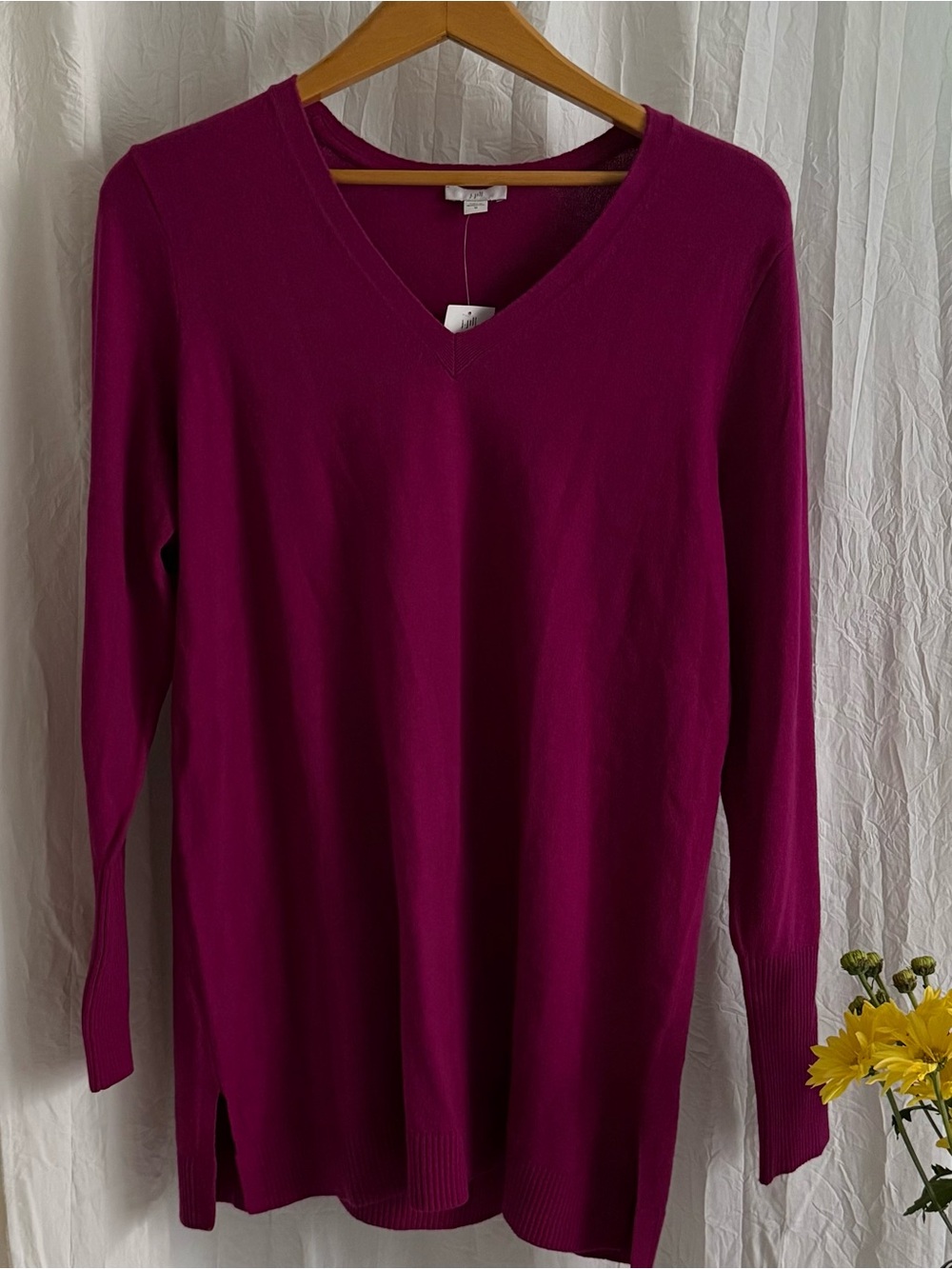 NWT J.Jill Womens M Pink V Neck Sweater Magenta Long Tunic Ribbed Cotton Blend